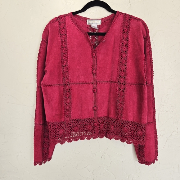 Vintage Suede Leather Crochet Rasberry Pink Jacket - Picture 5 of 12